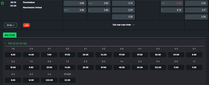Thông tin bảng tỷ lệ kèo bóng đá Fenerbahce vs Man Utd