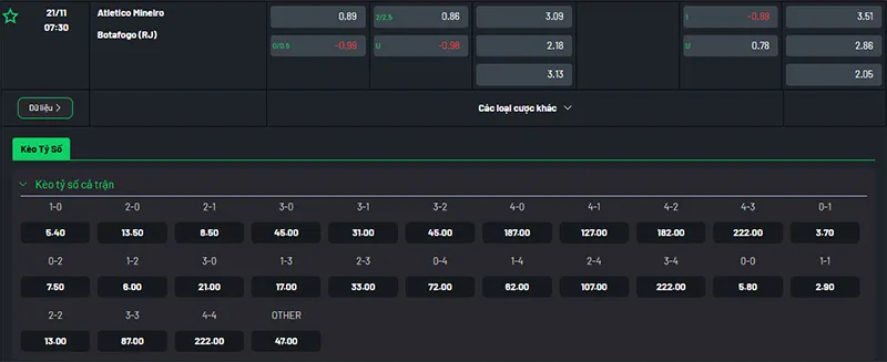 Thông tin bảng tỷ lệ kèo bóng đá Atl Mineiro vs Botafogo